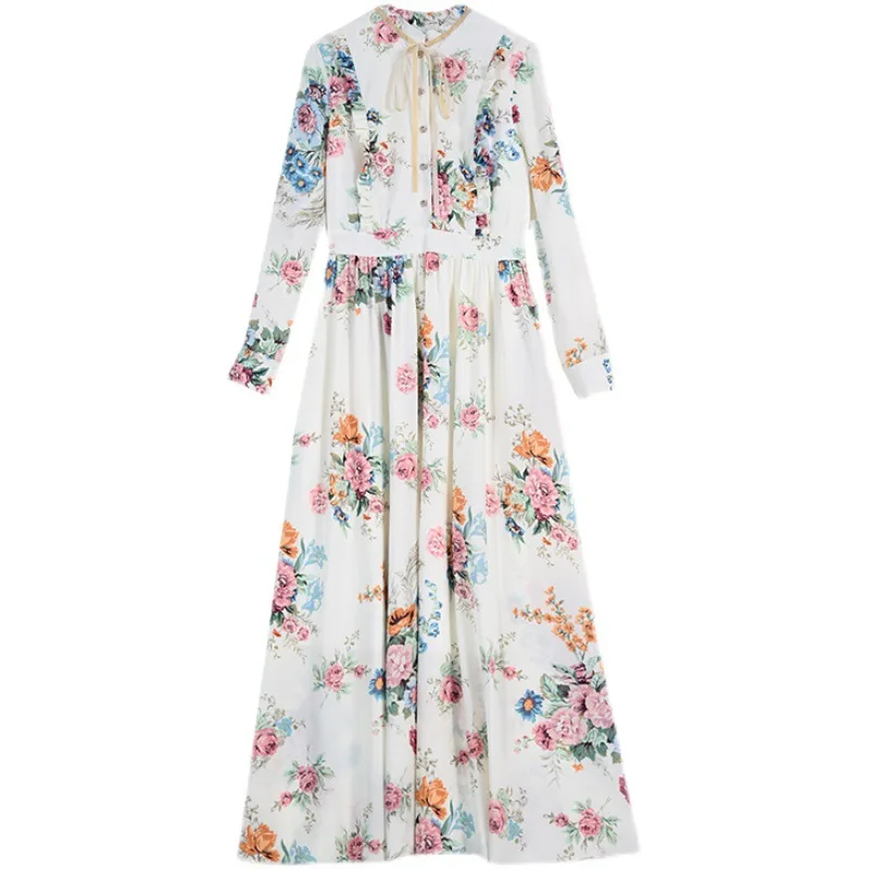 

Long sleeve chiffon dress spring/summer 2021 new Korean version large size popular high-end dress large size floral skirt female