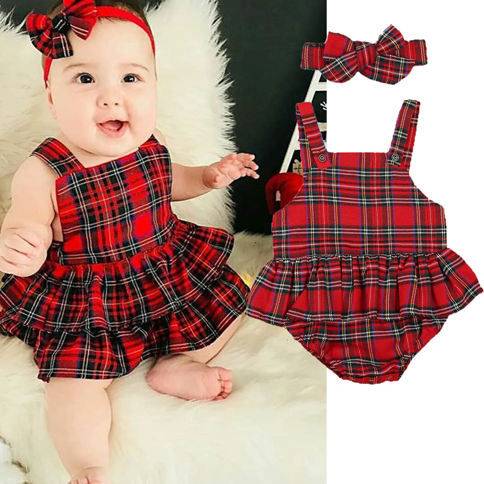 

0-24M Infant Baby Girl Xmas Romper Sleeveless Plaid Print Ruffle Tutu Jumpsuit+Headband 2pcs Cute Outfit