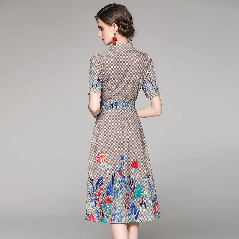 

Summer Women's Fashion Wild Waist Was Thin High-End Plaid Printed Short Sleeve Mini Dress with Belt