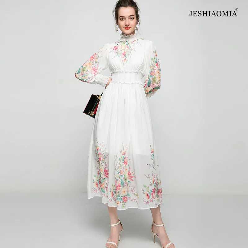 2021 SPRING RUCHED HIGH NECK FLORAL PRINT LONG SLEEVE DRESS