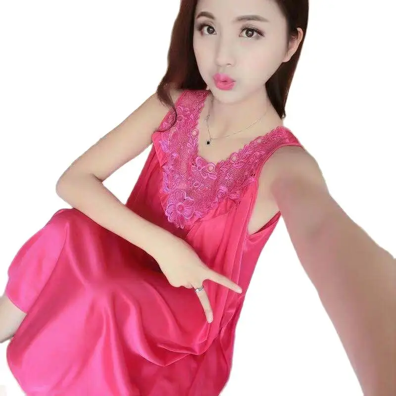 

Plus Size Femme Korean Home Service Summer Pajamas Female Ice Silk Sexy Lace Nightdress Simulation Silk Thin Middle Dress Women