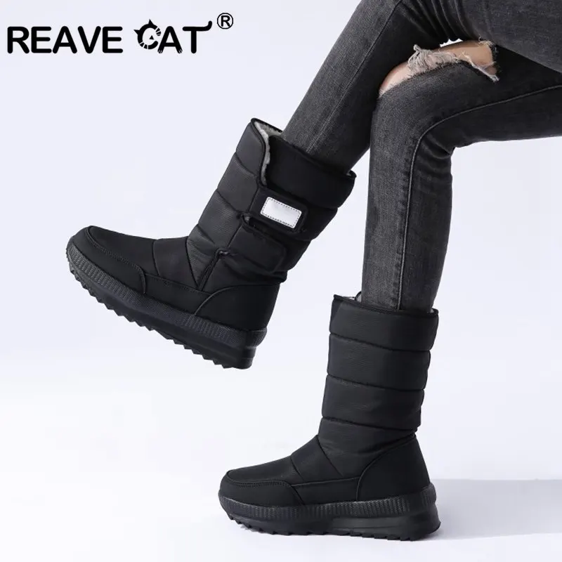REAVE CAT/Большие размеры 36-41 новые зимние сапоги женские теплые до середины икры на
