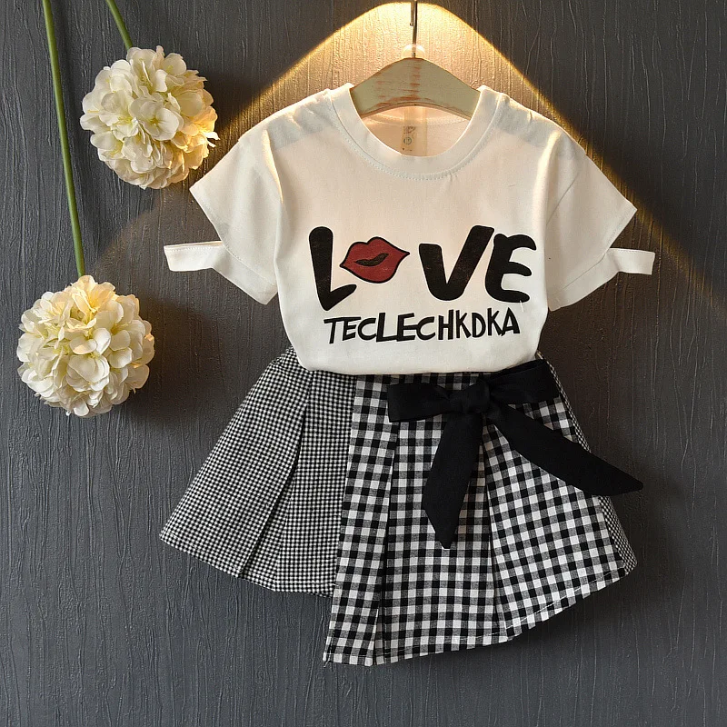 

Kids Baby Girls Summer Short Sleeve Letter Print Tops T-shirts Plaid Patch Bow Skirts Toddler Children Clothes Sets 2pcs 2-7Y