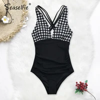 seaselfie sexy black and white gingham v neck open back one piece swimsuit women monokini 2021 beach bathing suit swimwear
