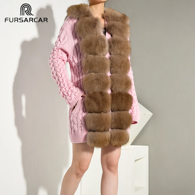 FURSARCAR 3 цвета модные женские шерстяные свитер из натурального меха пальто с