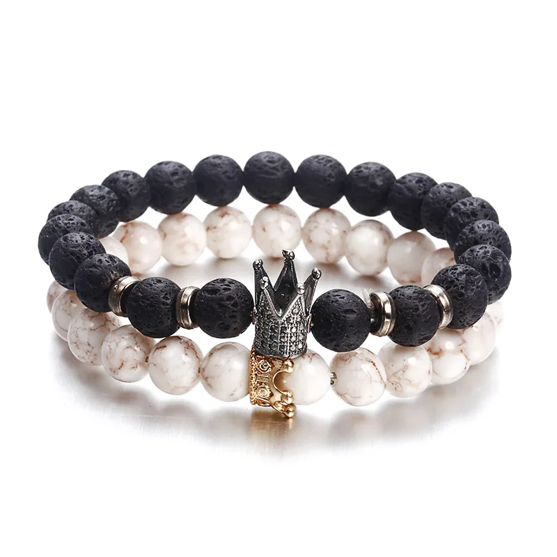 

2021 Fashion Micro CZ King Crown Charm Bracelet Handmade Stretch Men's Copper Beads Women Bracelet Bangle Jewelry