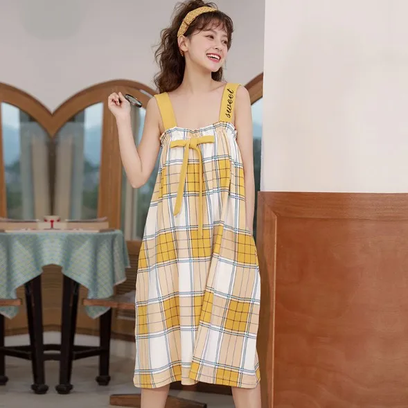 

Plaid Nightgown women summer sling nightdress cute outside wear dress plus size sleepwear nightshirt sweet ladies home clothes