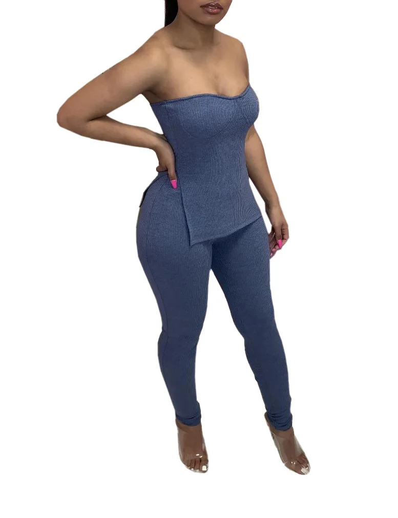

Solid Women Blue Casual suit Tight Fitting Corset With Split Notched Trousers Suit