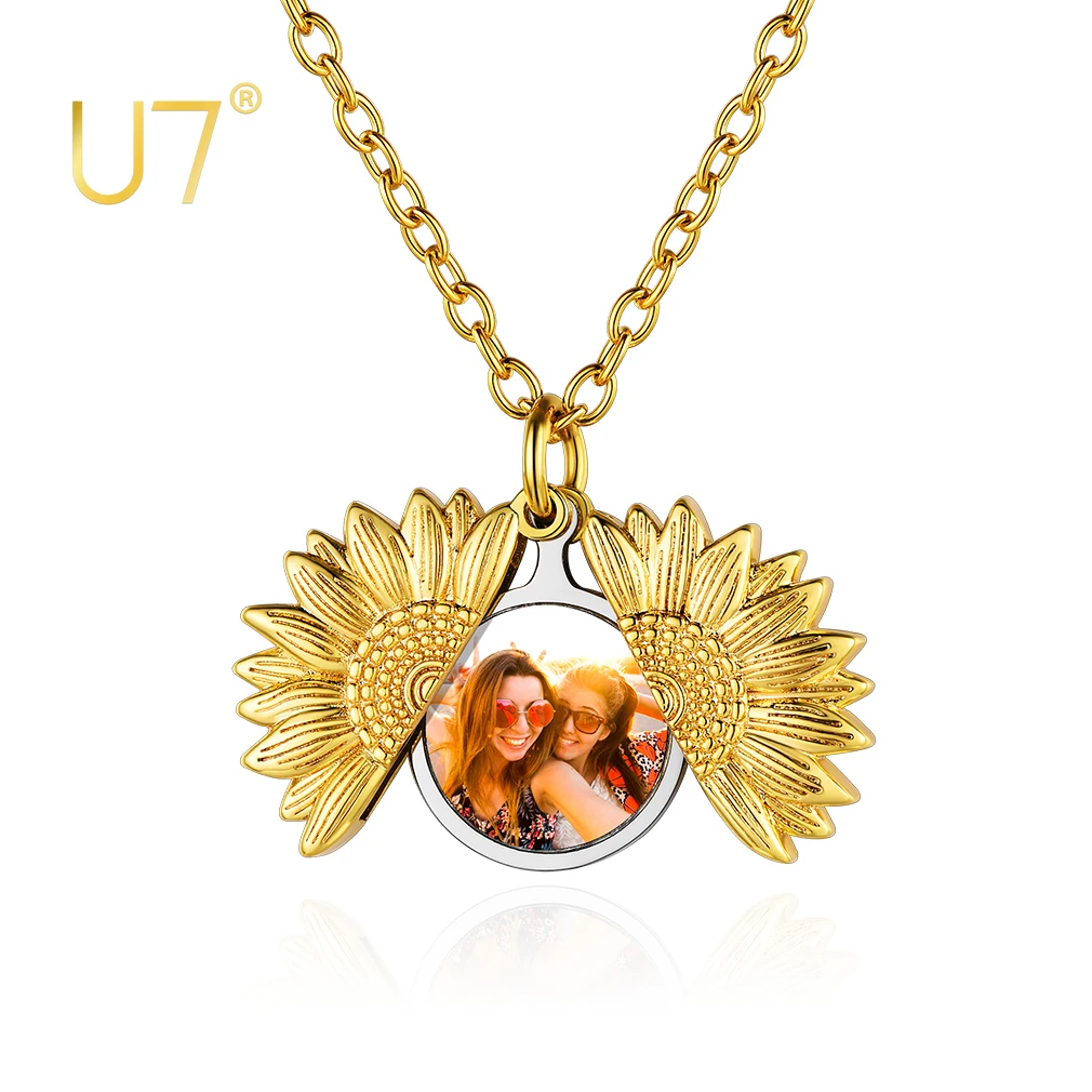 

U7 Sunflower Locket Necklace for Women That Holds Picture Keep Memorial Accessories Custom Jewelry Personalized Photo Pendants