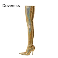 dovereiss fashion womens shoes winter pointed toe sexy silver gold sequined cloth over the knee boots stilettos heels 34 48