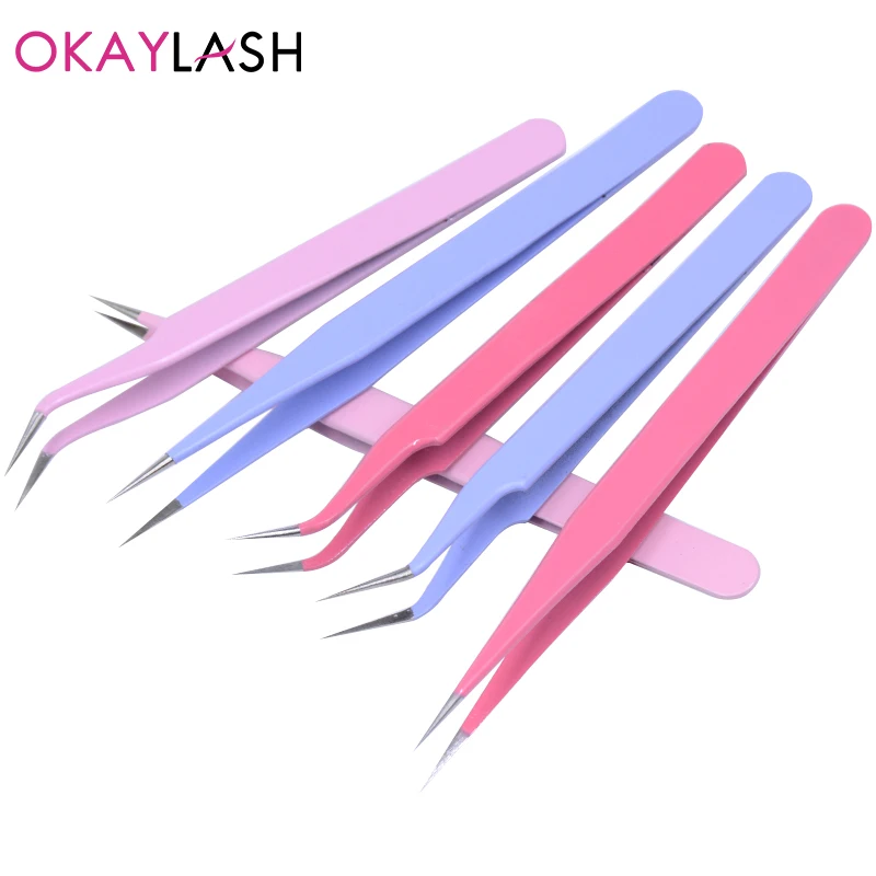 Цветные профессиональные пинцеты OKAYLASH для наращивания ресниц розовые