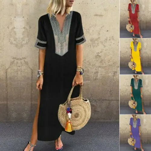 

Women Short Sleeve Boho Casual Loose Floral Kaftan Maxi Dress Ladies Long Dress