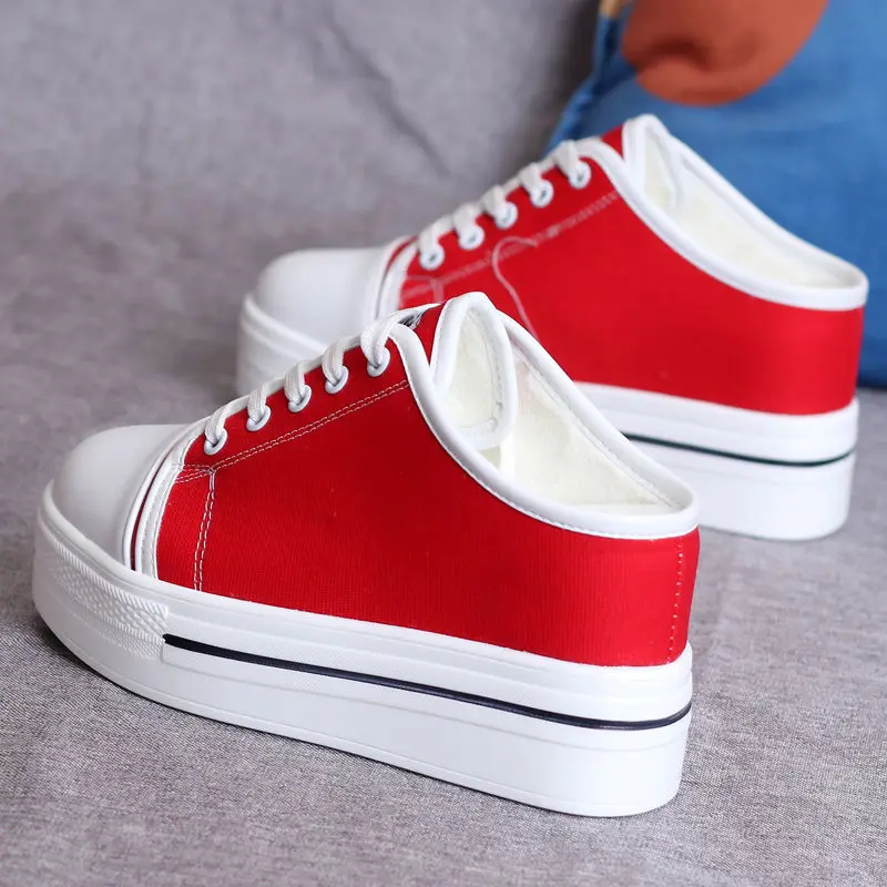 

2021 Spring and Summer New Thick-soled Non-heel Half-drag White Shoes Women's Wild Plus Velvet Inner Increase Women's Shoes