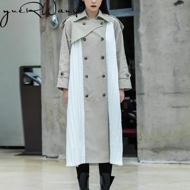 

GetSpring Women Trench Coat Folds Patchwork Double Breatsed Windbreaker Fashion Long Ladies Overcoat Autumn Spring Tops 2022 New