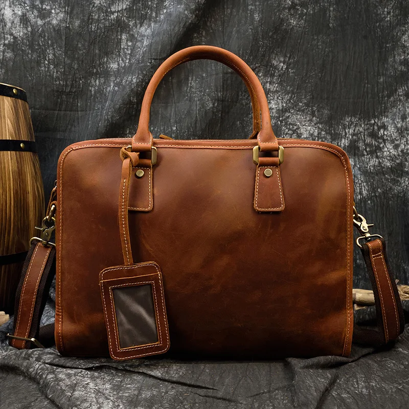 Luufan Double Layer Zipper Briefcase Laptop Bag Vintage Fashion Men Handbags Multi Pockets Briefcase Business Bag Thick Leather