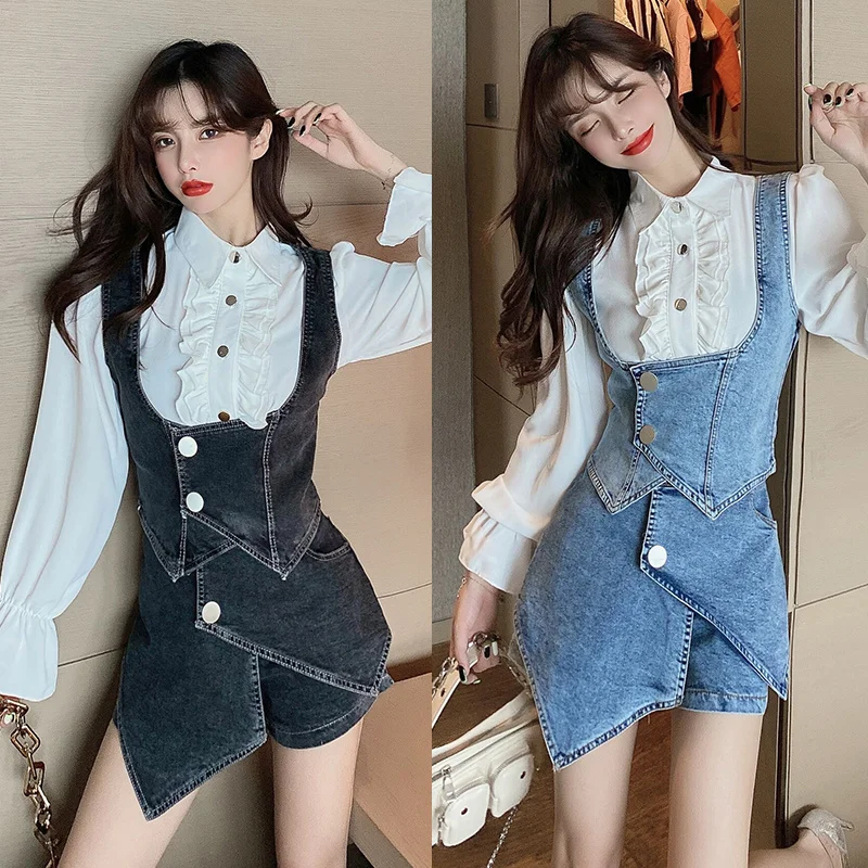 Джинсовый костюм рубашка в Корейском стиле на раннюю осень 2021 Приталенный жилет