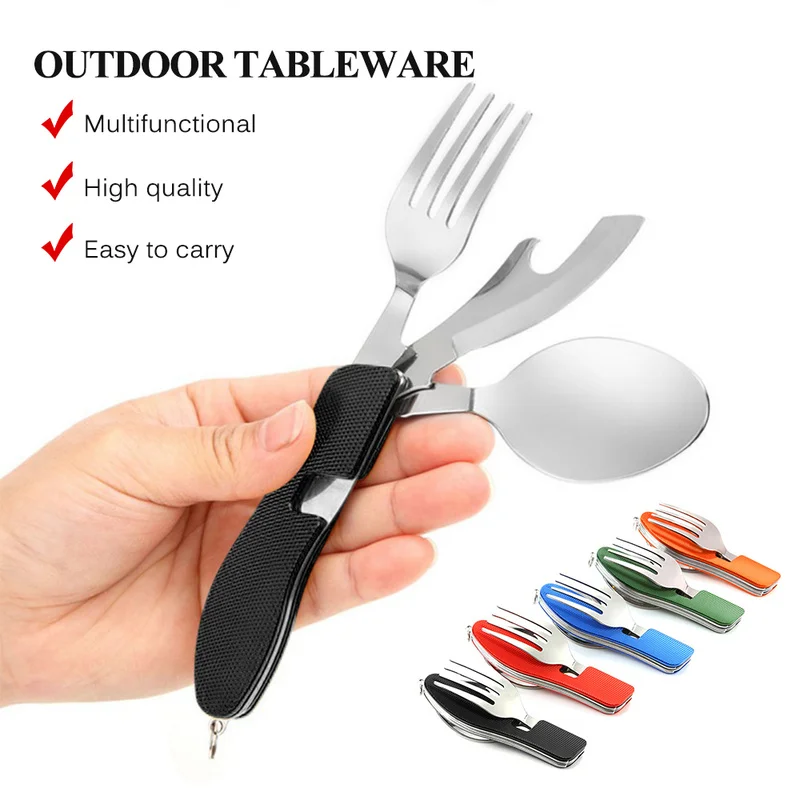 4-in-1 Portable Camping Utensil Stainless Steel Folding Fork Knife Spoon Bottle Opener Set Multifunction Outdoor Tableware | Спорт и