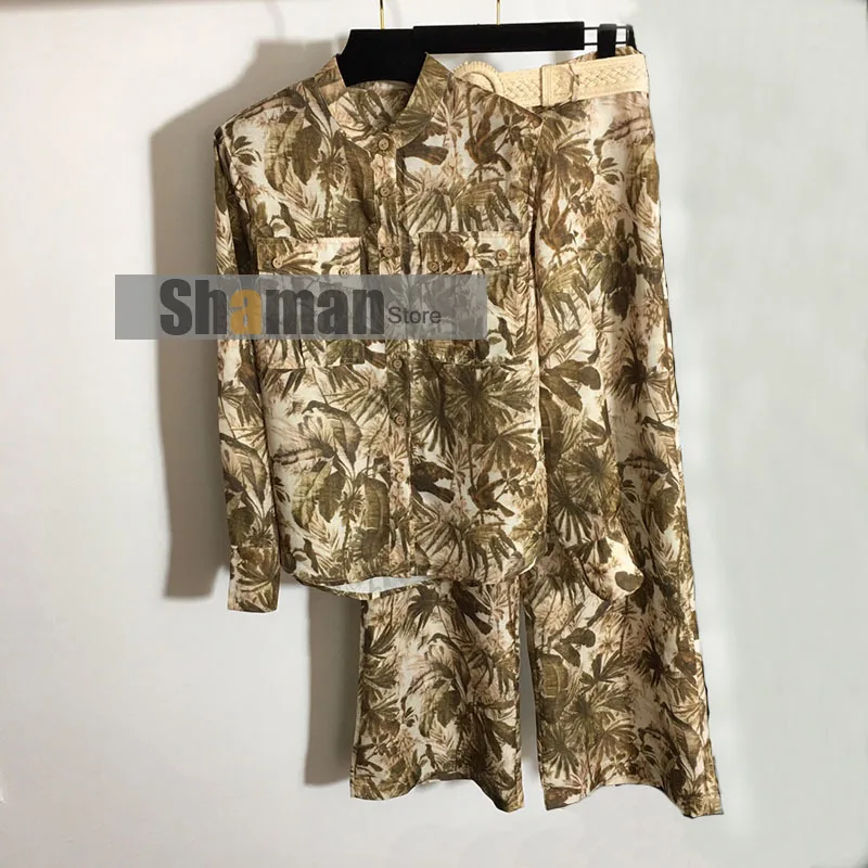 Luxury Design 2021 nnew Leaf Print 2 two Piece set Outfits for Women Belt High Waist Wide Leg Pants and Long Sleeve Shirt Top