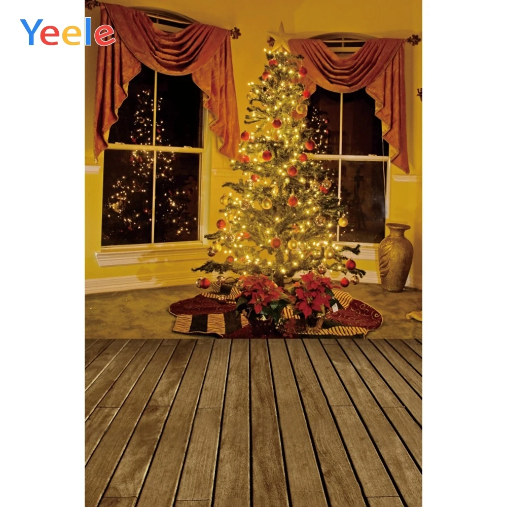 

Рождественская елка окно занавеска деревянный пол украшение дома Фон фотография на заказ фотографический фон для фотостудии
