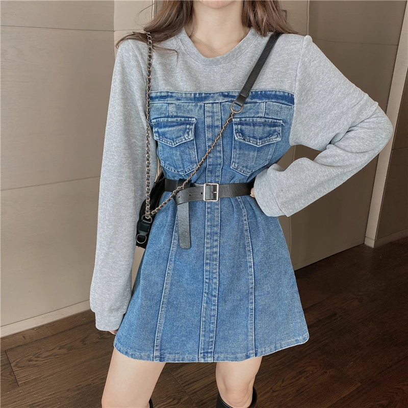 

Contrasting color stitching high waist fake two-piece female autumn round neck sweater sleeve denim dress trend