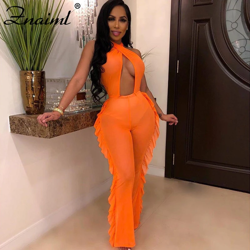 

Znaiml Sexy Beach Hollow Out Backless Bodycon Jumpsuit Women Ruffles Straight Romper Halter Skinny Female Party One Piece Outfit
