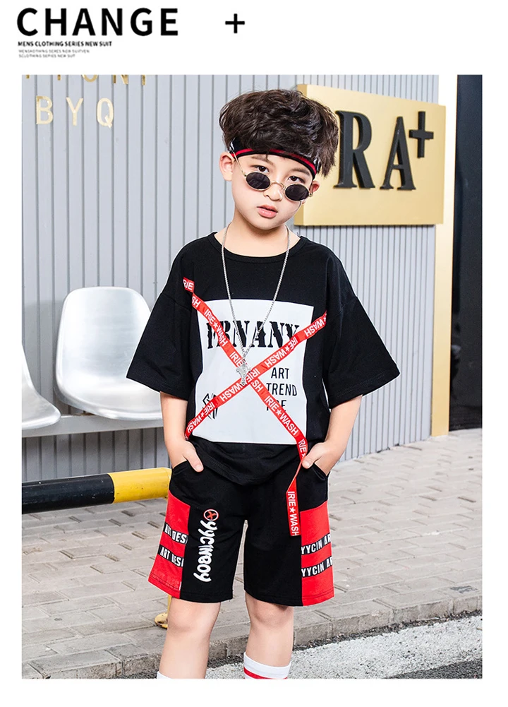 

2Pcs Boys Dance Costume Casual Outfit White/Black T-shirt + Shorts Set Kids Hip Hop Street Dance Clothes Stage Performance Wear