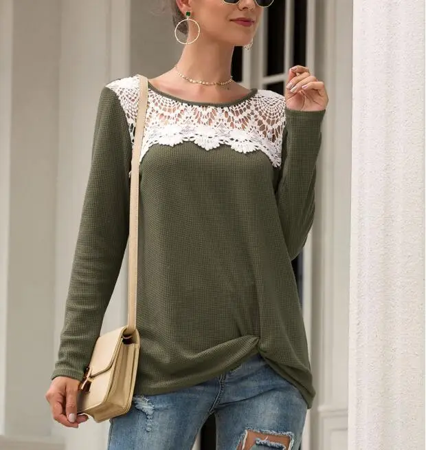 

Женский кружевной топ с круглым вырезом, с длинным рукавом
