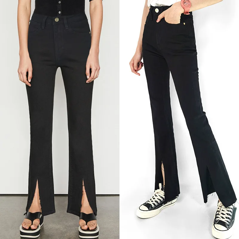 

Новинка Осень 2021, модные классические брендовые роскошные дизайнерские брюки с колокольчиком, черные эластичные узкие джинсы с высокой тал...