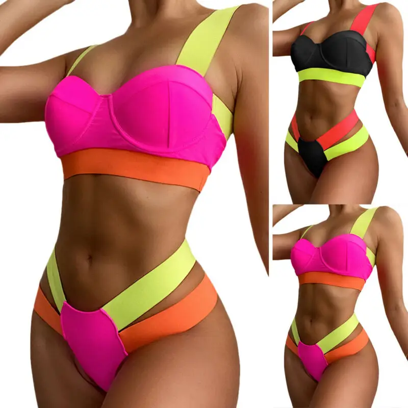 

Womens Bikini Set Sports Swimsuit Contrast Bandage Swimsuit Bathing Suit