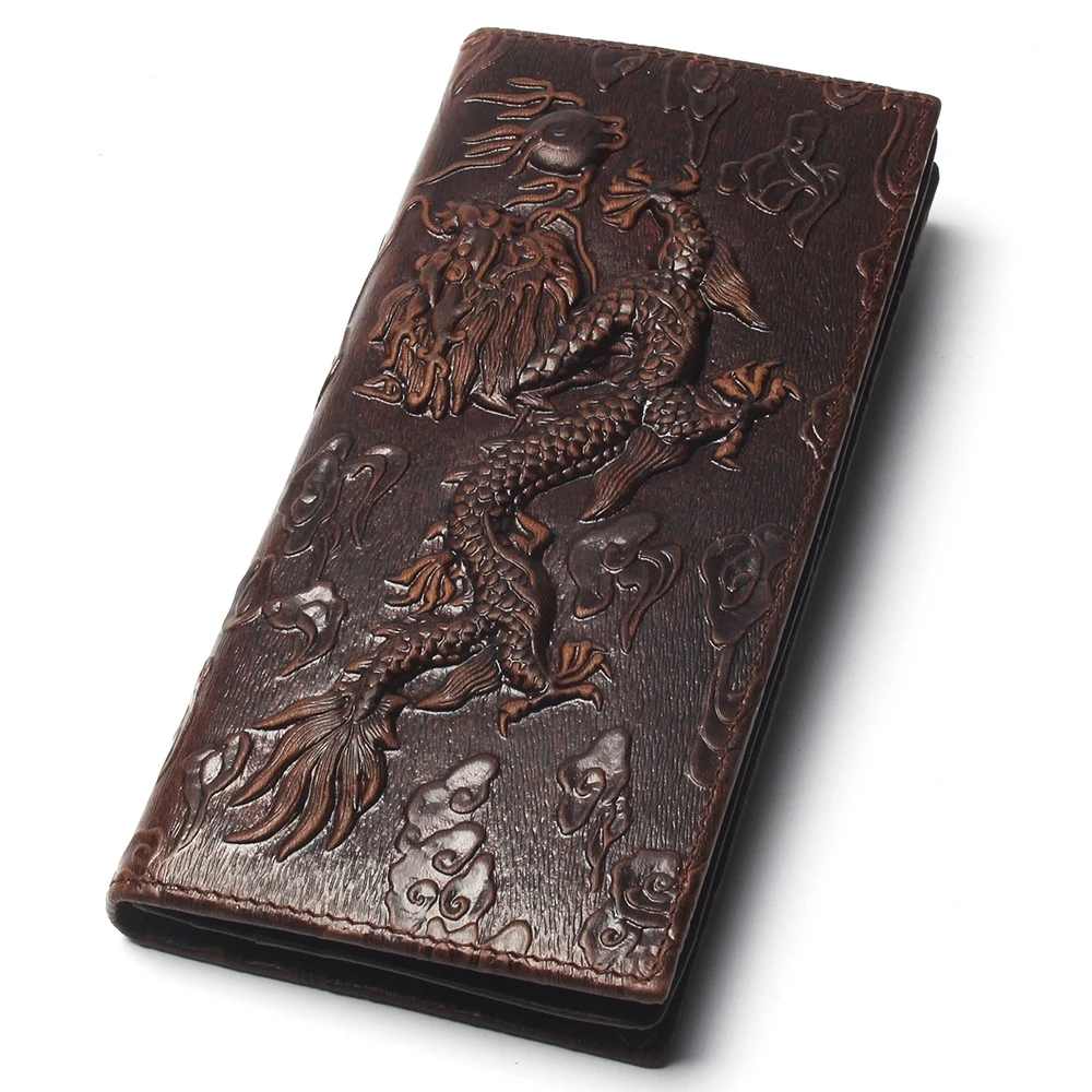 

Mens Dragon Pattern Oil Leather Crazy Horse 100% Genuine Purse Top Grade Soft Long Wallet Branded Coin For Men