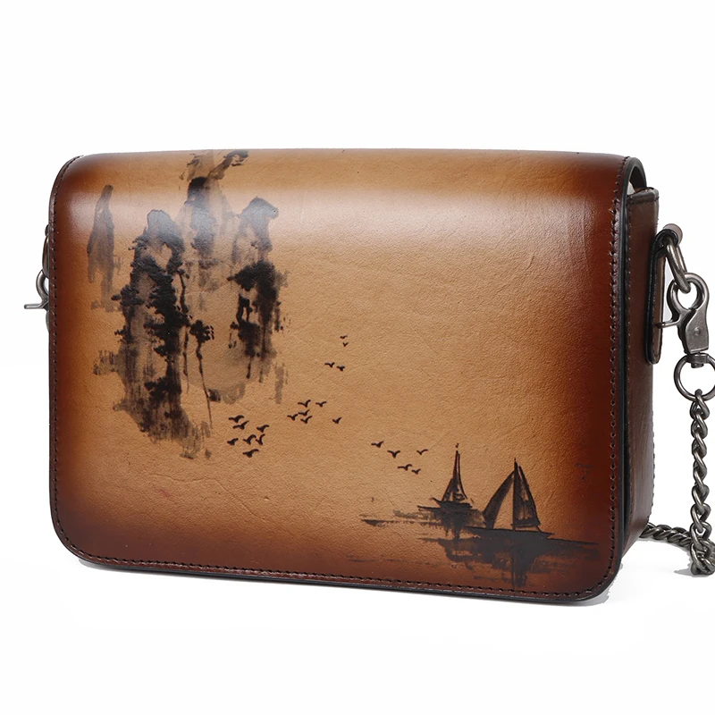 Женская сумка из натуральной кожи откидная в китайском стиле с чернильным