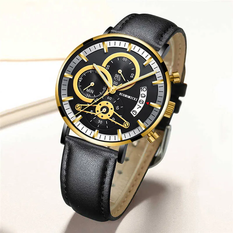 Новые Бизнес Мужские часы кожа черный кварц многофункциональный календарь
