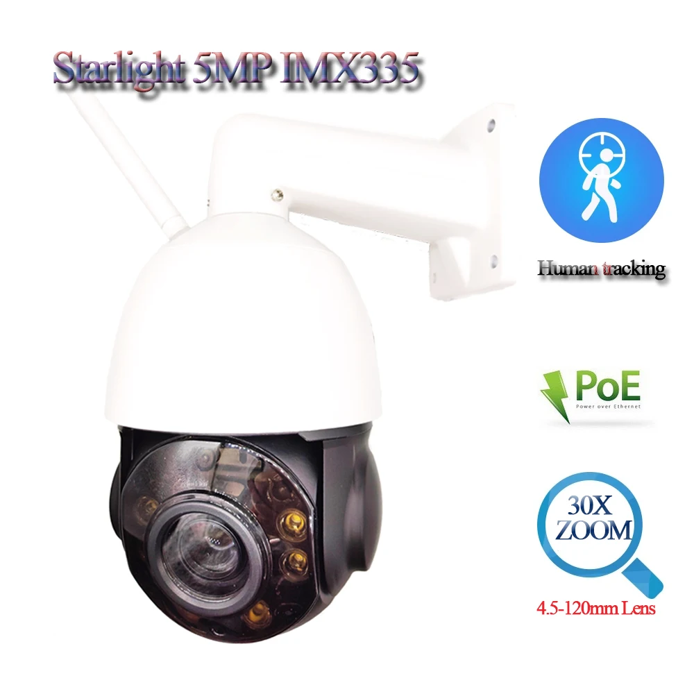 

Сетевая IP-камера Starlight 5MP 30X с функцией отслеживания человека, Wi-Fi, POE, PTZ, Sony IMX335, сенсор, слот для TF-карты до 128 ГБ, аудио RTSP