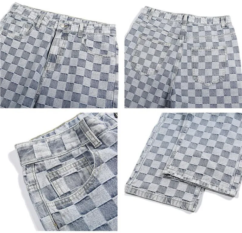 

ERENEJIAN Fashion Men's Plaid Jeans Pants Brand Designer Baggy Hip Hop Denim Trousers Loose Fit Skateboard Jeans New Arrival