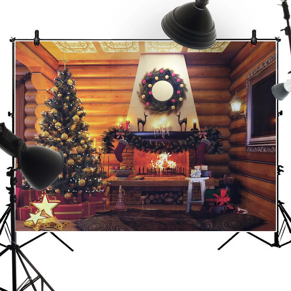 7x5ft фотография рождественской елки фон камин фото сельский дом деревянная кабина
