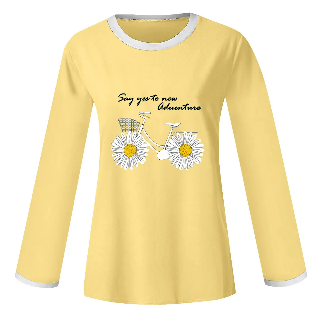 Feitong Women Summer Tshirt 2021 Daisy And Bike Printing Loose T Shirt Long Sleeve T-Shirt Casual Tunic Tops camiseta mujer New | Женская