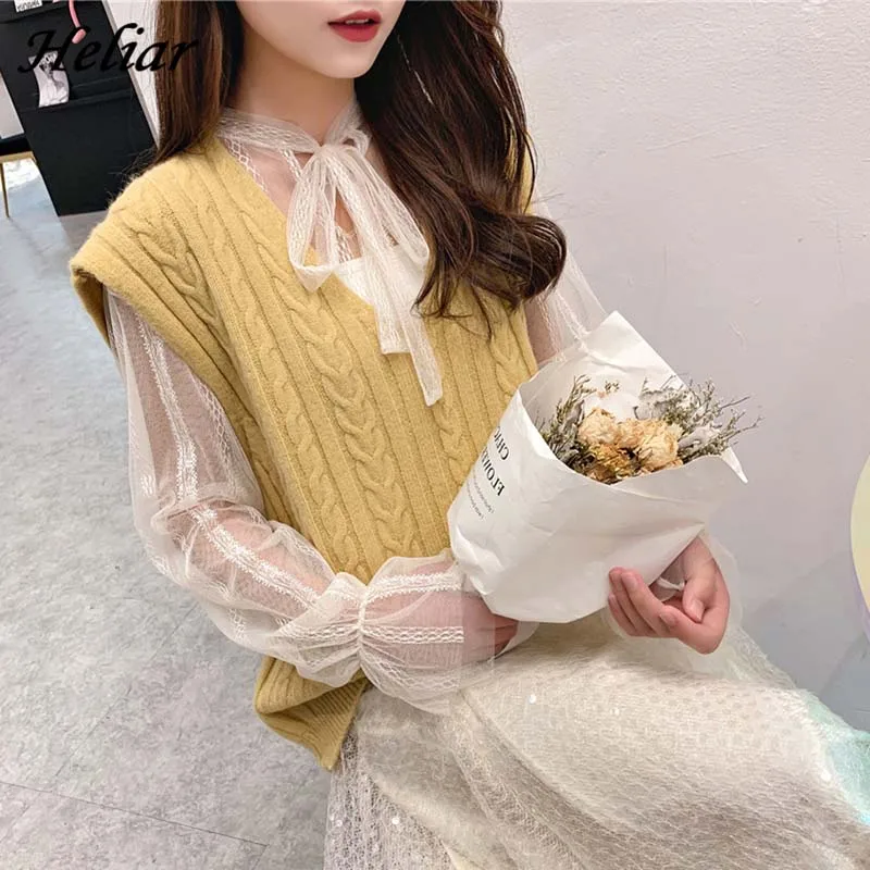 Heliar Fall V-Neck Knitting Tanks Sweater Solid Streetwear For Women 2019 Autumn Sleeveless Pullovers | Женская одежда