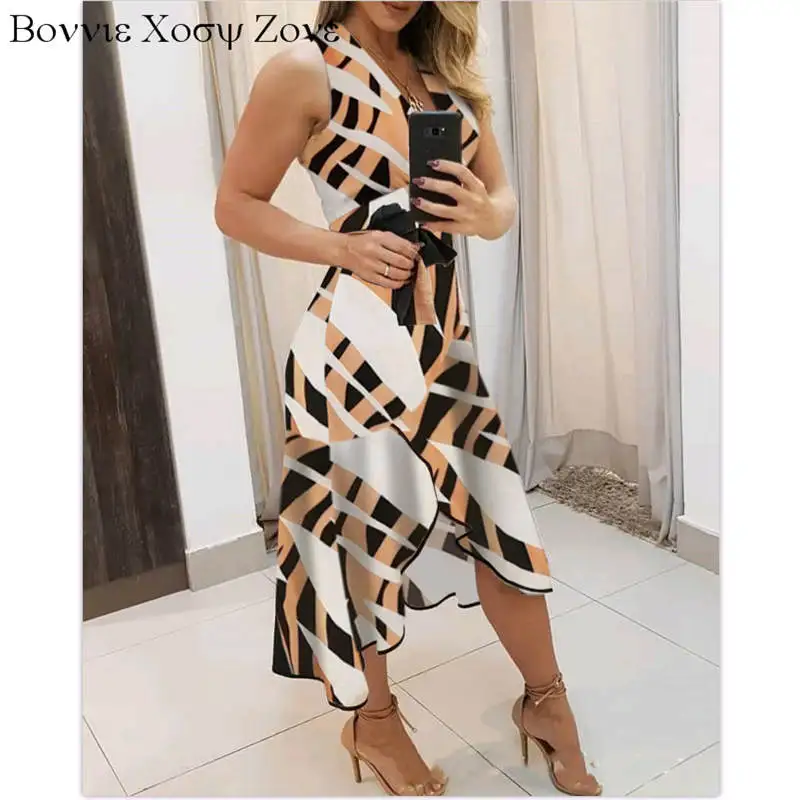 

V-neck Colorblock Print Knotted Irregular Dress Women Sleeveless Chic Elegant OL Midi Dresses