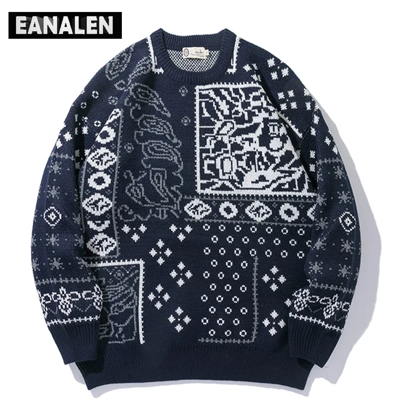 

Винтажный зимний мужской Повседневный свитер в стиле Харадзюку, дизайнерский Готический вязаный пуловер оверсайз с геометрическим рисунк...