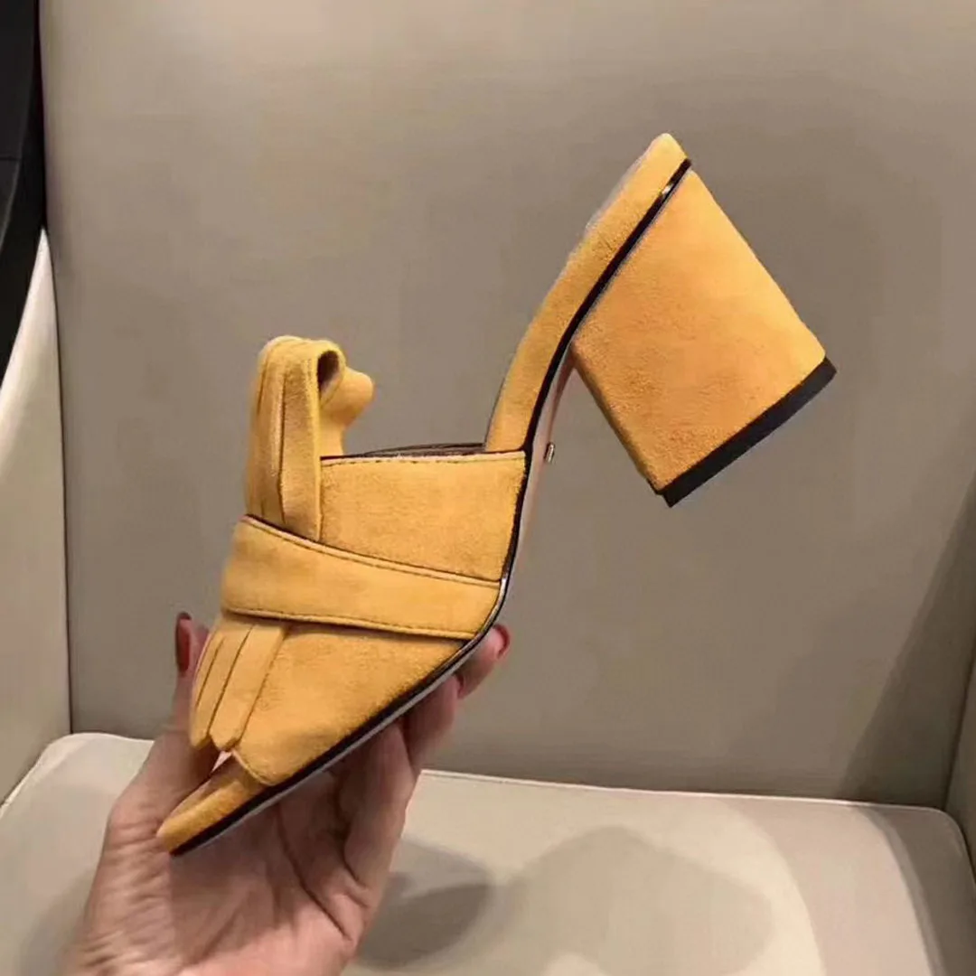 

Prowow New Spring Summer Luxury Brand Slippers Mules Fringe Metal Deco HIgh Heel Sandals Shoes Women zapatillas de mujer