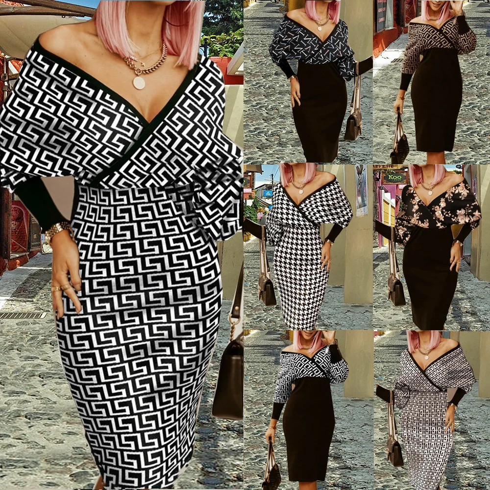 

hot style temperament commuter printing cultivate morality version of western style v-neck package buttocks spot dress