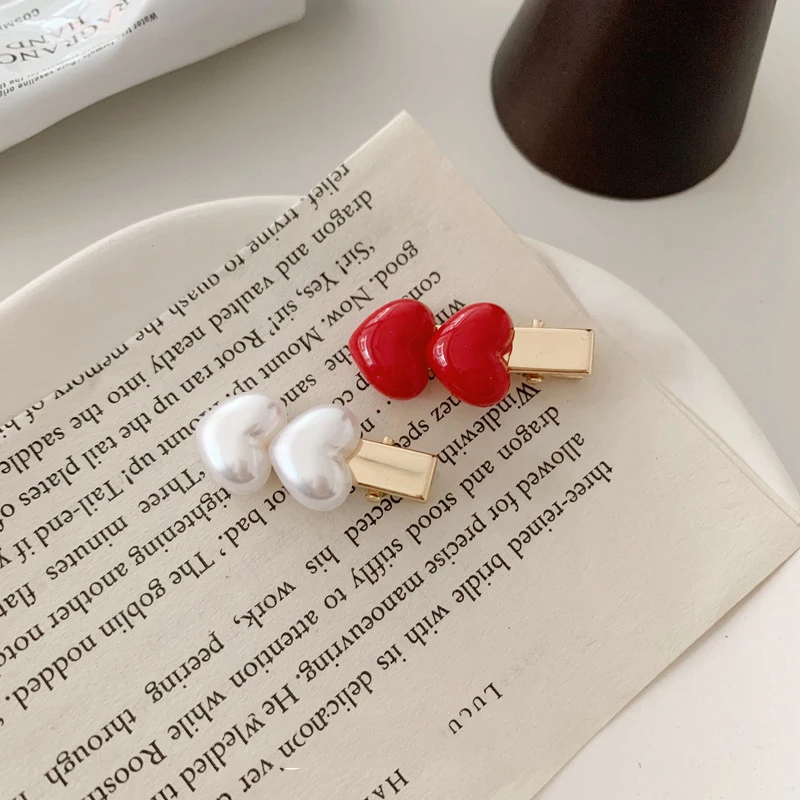

Korea Kawaii Heart Hair Clip Fashion Hair Accessories 2021 Trend For Women Girl Pearl Red White Hairpin Side Clip For Hair Gift