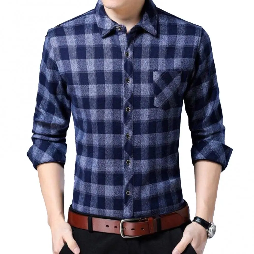 

Men Shirts Casual Autumn Long Sleeve polyester Single-breasted Turn Down Collar Plaid Slim pocket Shirt Top Men camisa masculina