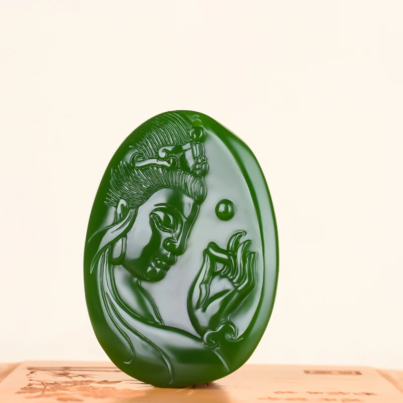 Китайский натуральный зеленый нефрит Гуань Инь кулон ожерелье ручной работы