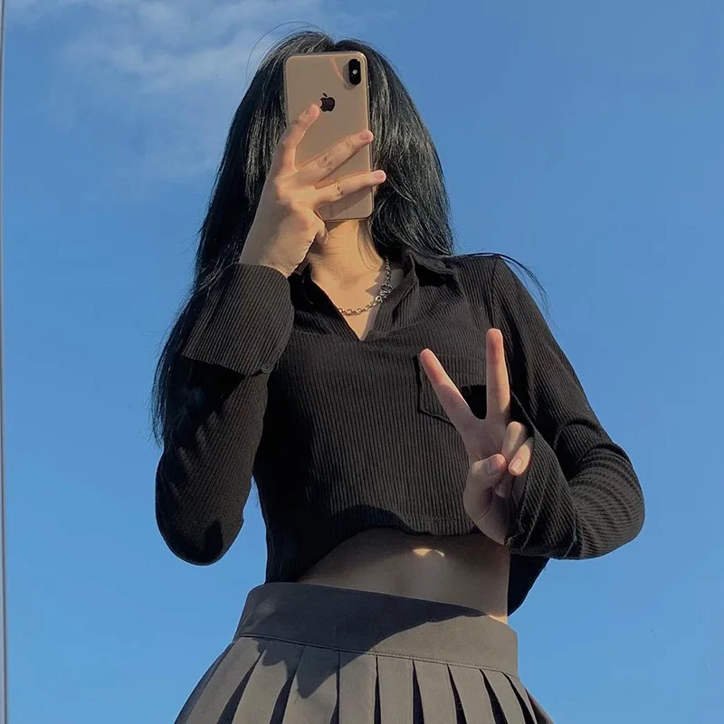 

NEONBABIPINK Casual Collared Long Sleeve T Shirt Street Style Fashion Solid Knitted Crop Tops White Black Fall 2021 N84-BC19