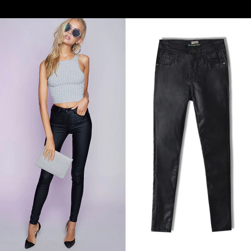 Осенне-зимние узкие Стрейчевые брюки из искусственной кожи с высокой талией