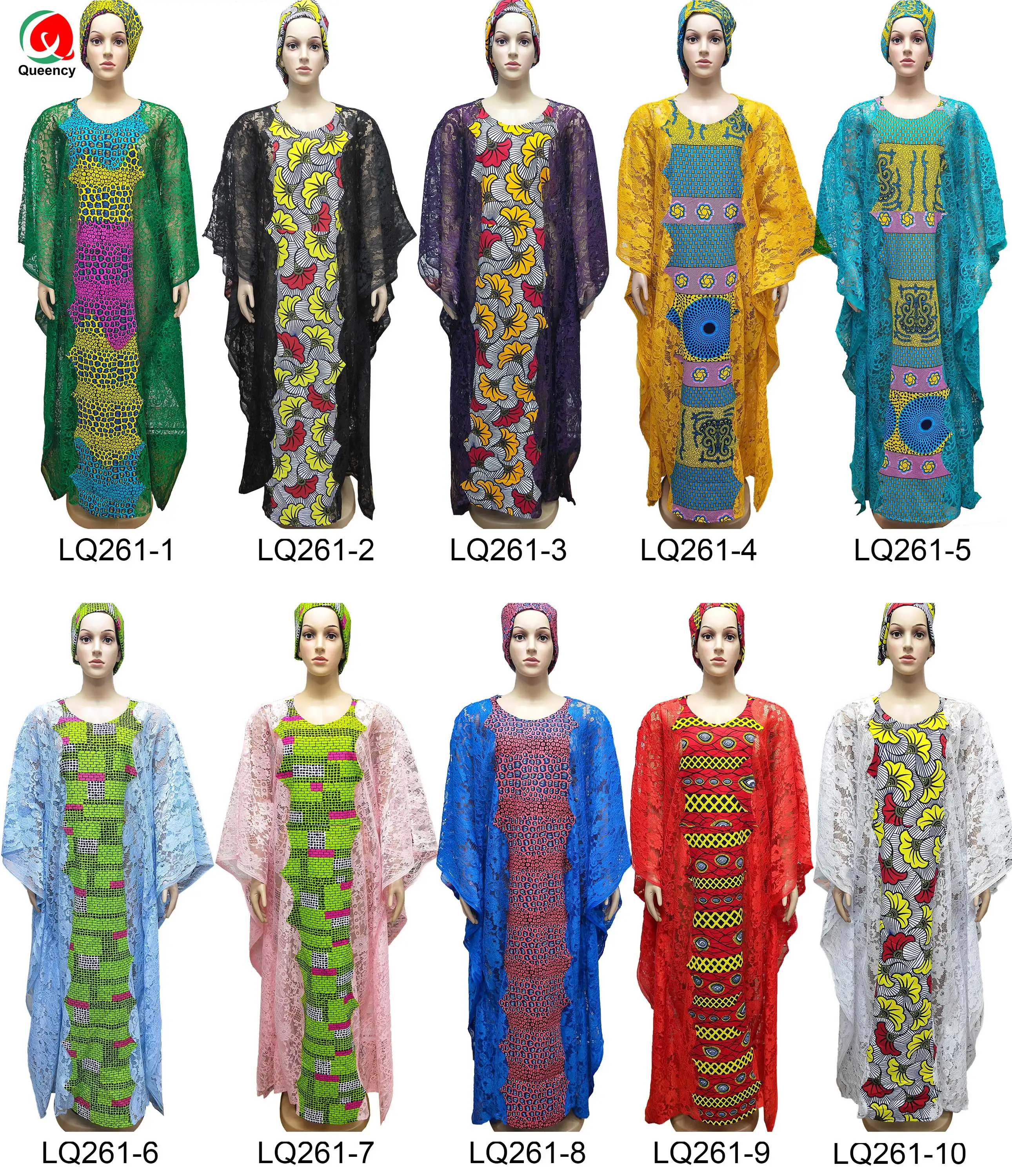 

LQ261 Lace Dress- Nigerian Ladies Clothing Plus Size Africa Women Ankara Dress with headwrap 2PCS Set muslim dress boubou robe