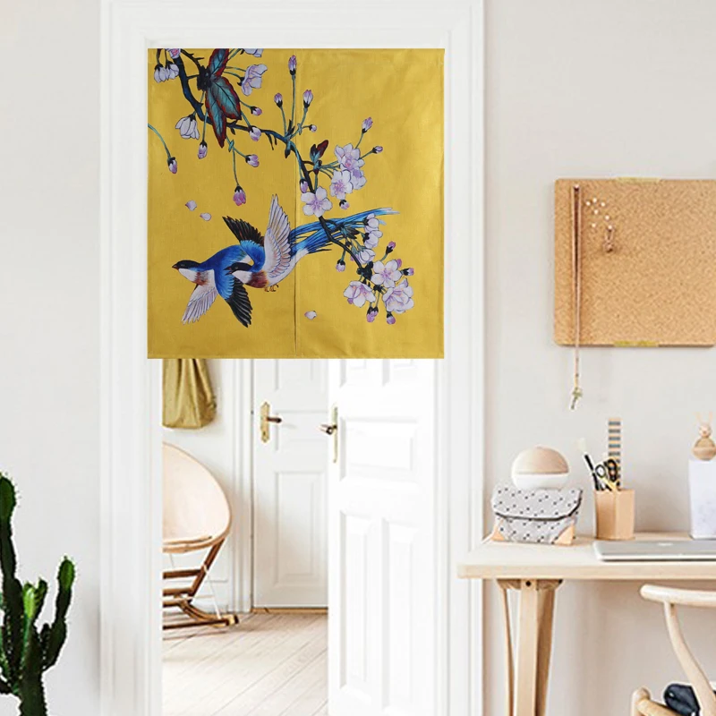Занавеска льняная в китайском стиле с цветами птицами пейзажем дверью для