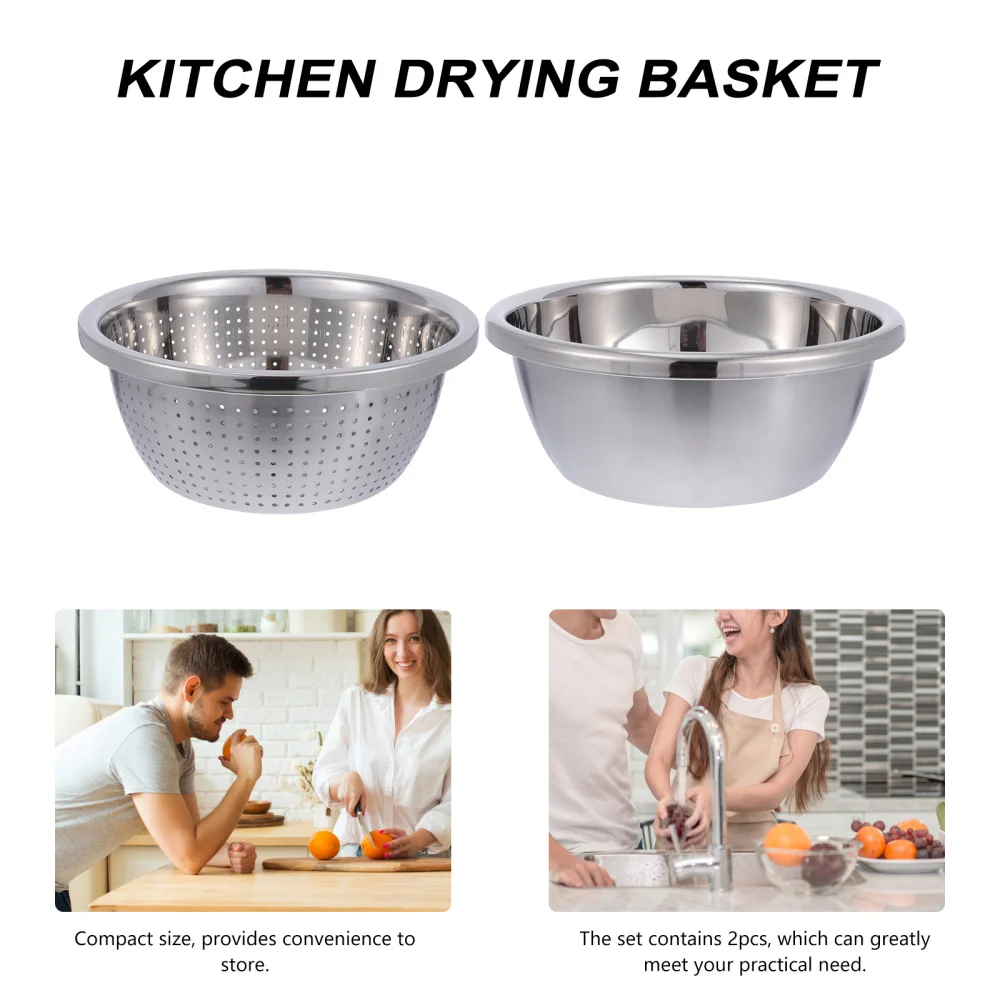 

2Pcs Stainless Steel Drain Bowl Basin Drying Basin Kitchen Fruits Drainer