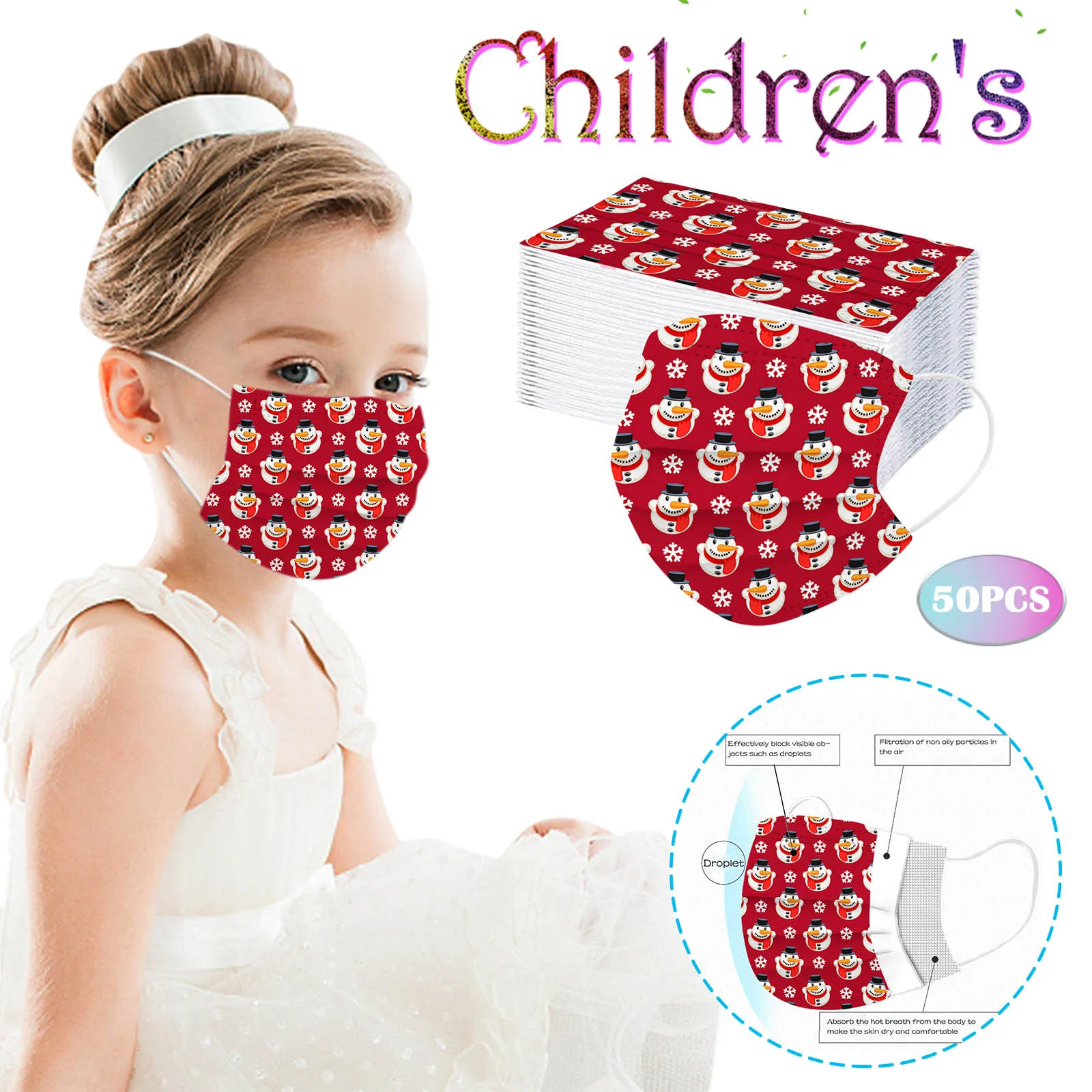 

50pc Children's Disposable Mask Christmas Elk Printed Face Mask Dust-fog-proof Mouth Mask Kids masque enfants mascarilla Party